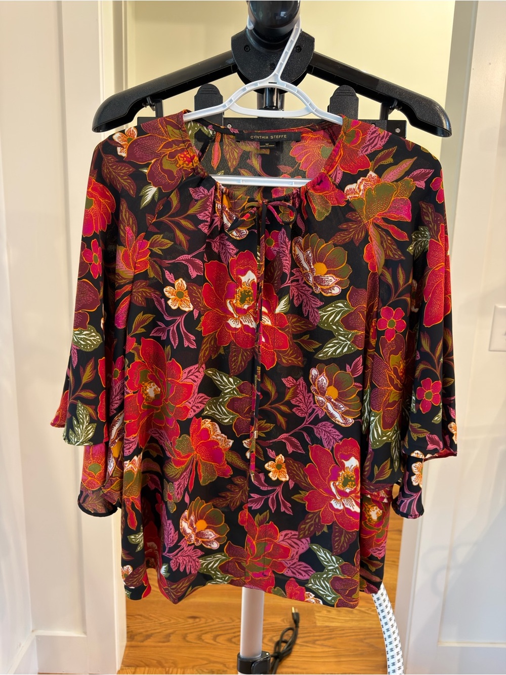 Cynthia Steffe Black Floral Tie-Front Blouse with Red & Pink Blooms